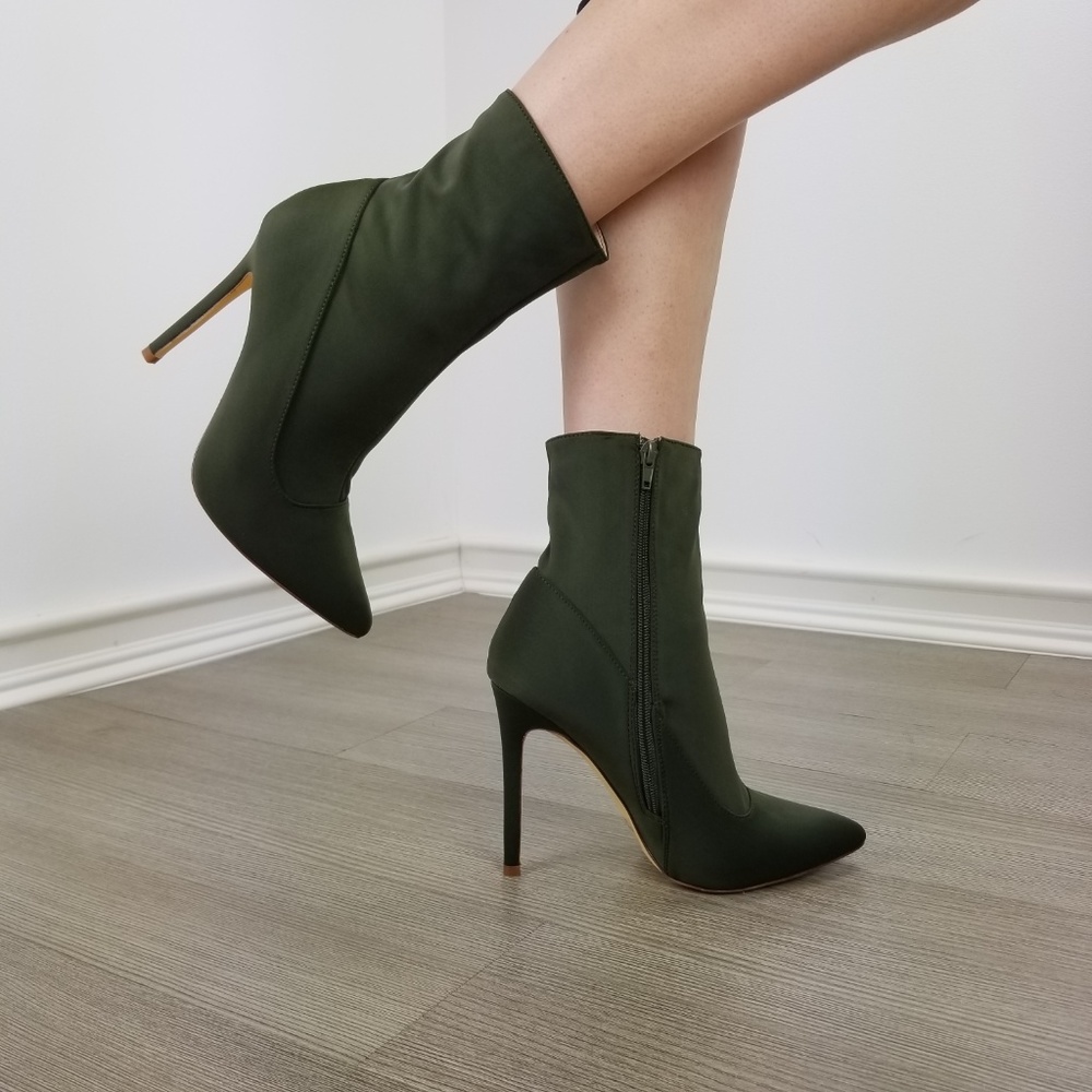 Olive pointy toe Sexy stiletto ankle sock boots - Picture 4 of 8